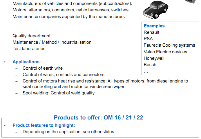 AOIP Products are applying in Car industry Manufacturers of vehicles and components (subcontractors): Motors, alternators, connectors, cable harnesses, switches… Maintenance companies appointed by the manufacturers 