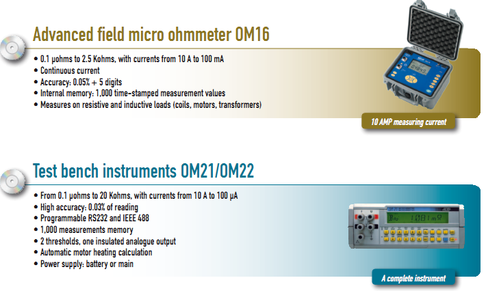 &bull;  0.1 &micro;ohms to 2.5 Kohms, with currents from 10 A to 100 mA &bull;  Continuous current &bull;  Accuracy: 0.05% + 5 digits &bull;  Internal memory: 1,000 time-stamped measurement values &bull; Measures on resistive and inductive loads (coils, motors, transformers)