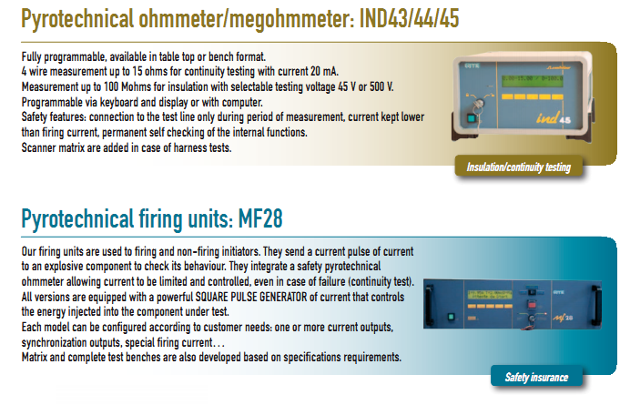 Fully programmable, available in table top or bench format. 4 wire measurement up to 15 ohms for continuity testing with current 20 mA. Measurement up to 100 Mohms for insulation with selectable testing voltage 45 V or 500 V. Programmable via keyboard and display or with computer. Safety features: connection to the test line only during period of measurement, current kept lower  than firing current, permanent self checking of the internal functions. Scanner matrix are added in case of harness tests.